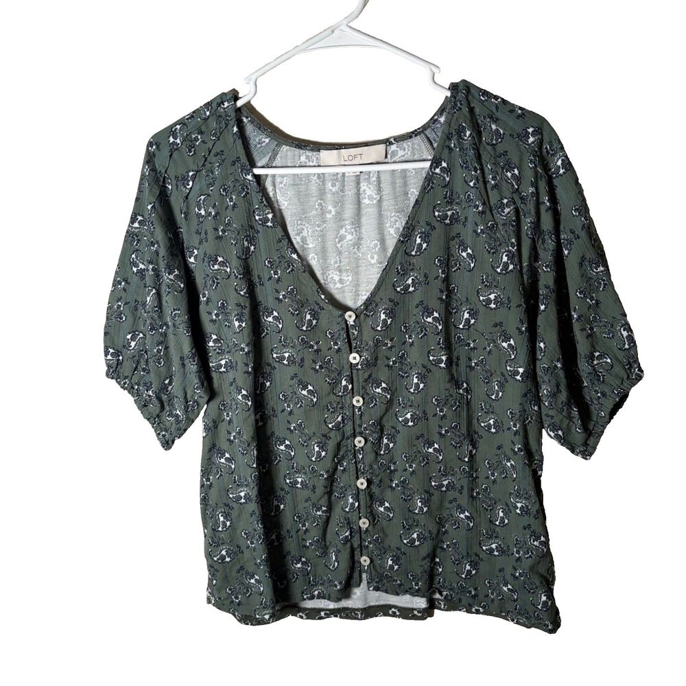 Loft Blouse Women's Small Green Floral Short Sleeve V-Neck Button Up Top Shirt